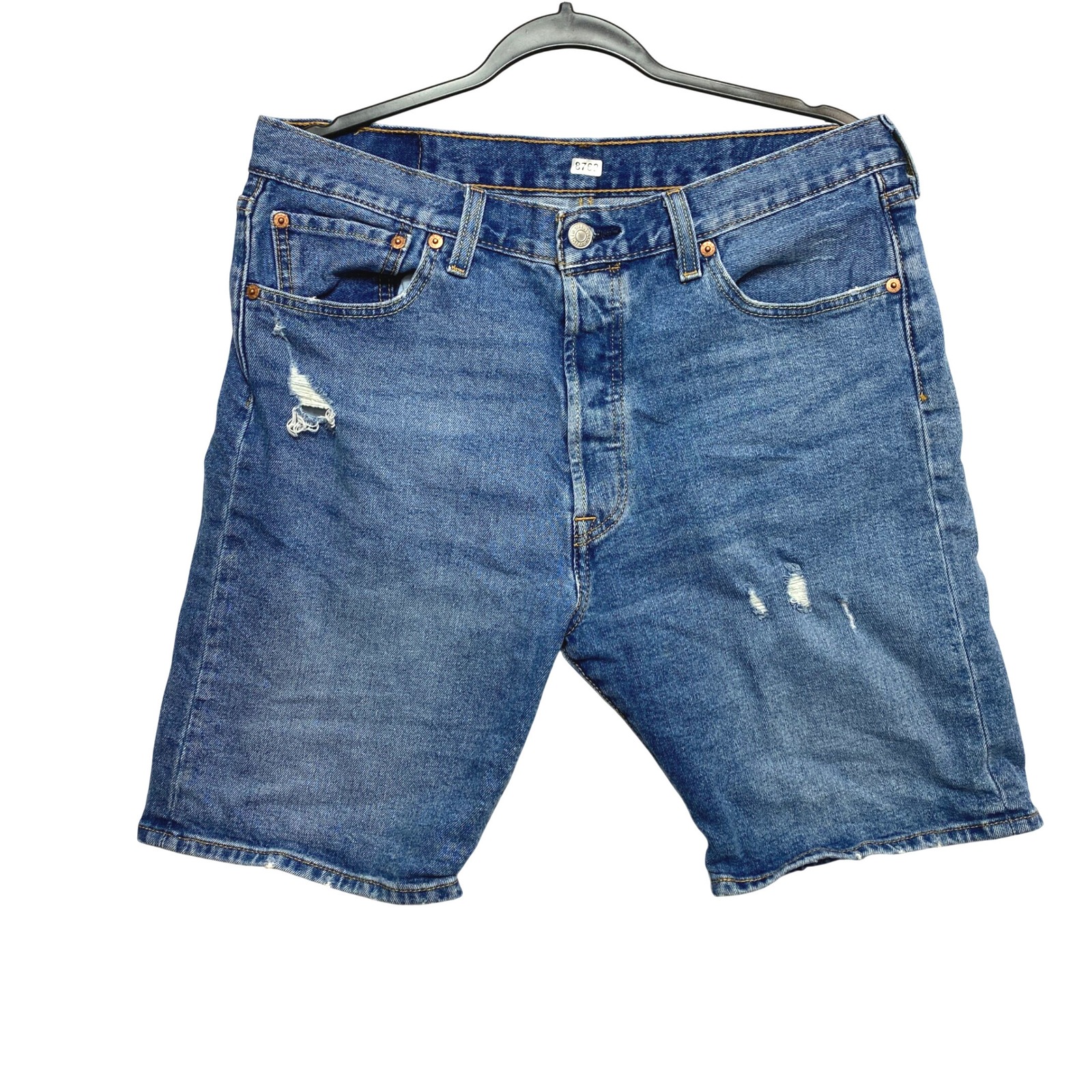 Levis 501 Denim Shorts Mens W34 Blue Button Fly Cut Off Distressed